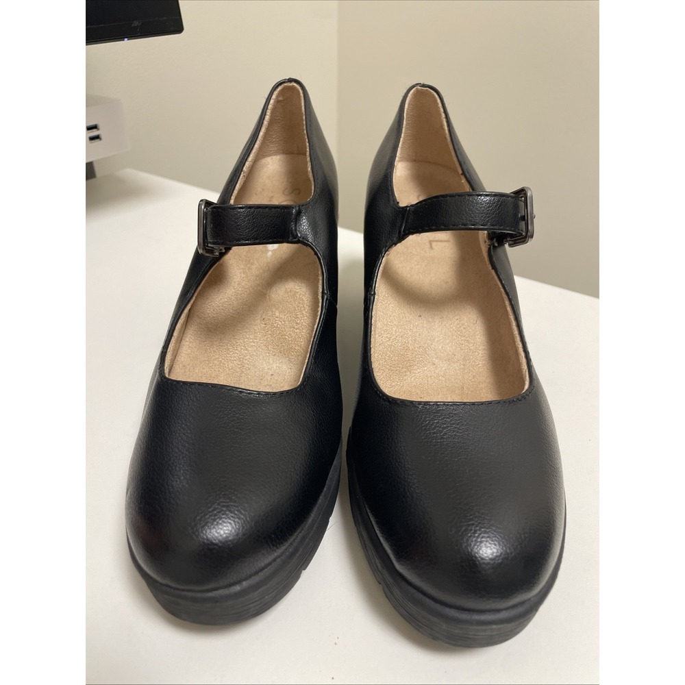 Naturalizer Soul Black Leather Platform Mary Jane Wedge Heels Size 8 - Picture 2 of 10